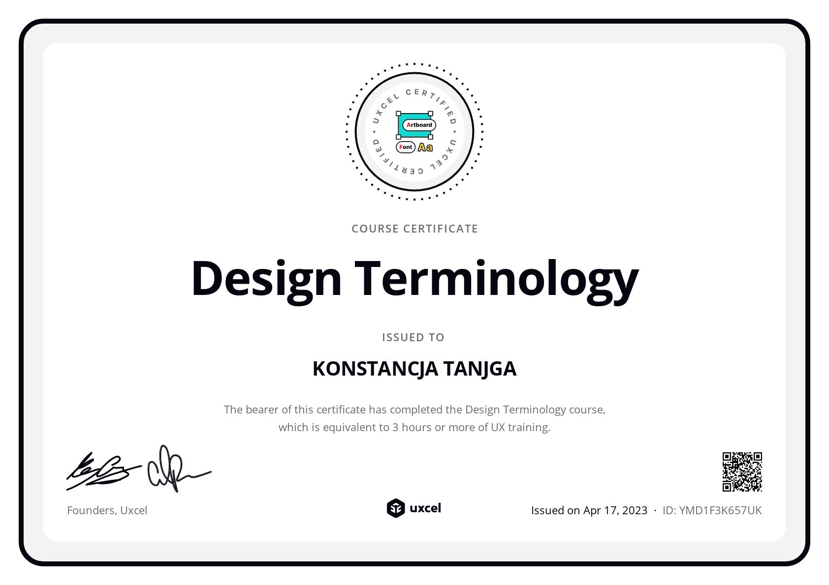 KONSTANCJA TANJGA's certificate